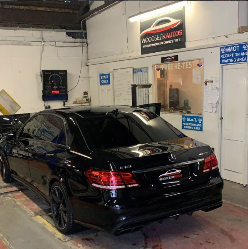 Mercedes AMG E63 on the MOT ramp at Woodseer Autos